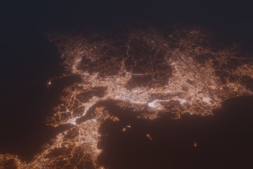 Aerial shot of Kitakyushu (Japan) at night, view from north. Imitation of satellite view on modern city with street lights and glow effect. 3d render