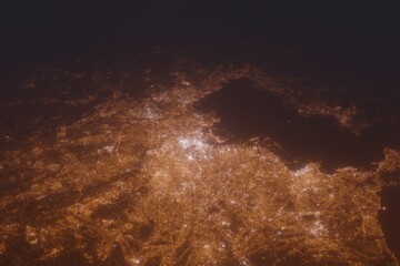 Aerial shot on Tokyo (Japan) at night, view from west. Imitation of satellite view on modern city with street lights and glow effect. 3d render