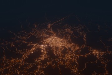 Aerial shot on Missoula (Montana, USA) at night, view from west. Imitation of satellite view on modern city with street lights and glow effect. 3d render