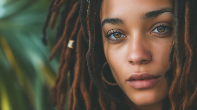 Close-up of woman with dreadlocks and piercing gaze.