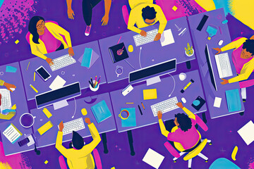 An isometric representation of an office, featuring business people in infographics, open workspace, teamwork areas, and a structured division of corporate departments