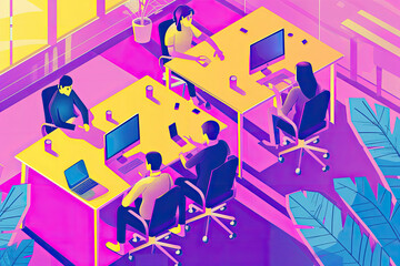 An isometric representation of an office, featuring business people in infographics, open workspace, teamwork areas, and a structured division of corporate departments