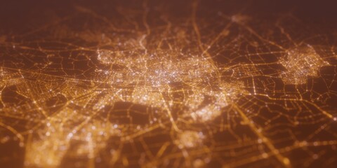 Street lights map of Breda (Netherlands) with tilt-shift effect, view from north. Imitation of macro shot with blurred background. 3d render, selective focus