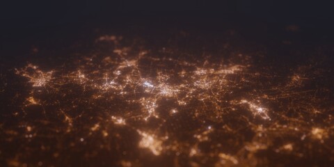 Street lights map of Katowice (Poland) with tilt-shift effect, view from south. Imitation of macro shot with blurred background. 3d render, selective focus