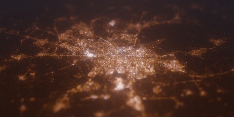 Street lights map of Madrid (Spain) with tilt-shift effect, view from east. Imitation of macro shot with blurred background. 3d render, selective focus