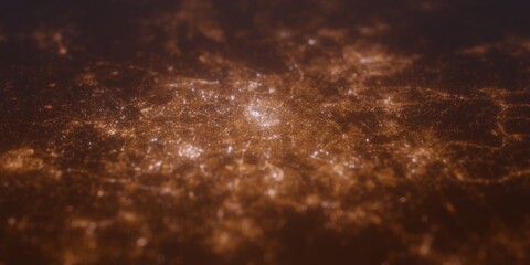 Street lights map of Manchester (UK, England) with tilt-shift effect, view from east. Imitation of macro shot with blurred background. 3d render, selective focus