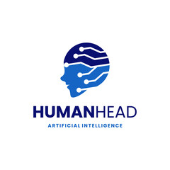 Human head Artificial Intelligence with circuit brain processor computer system, creative modern illustration logo design