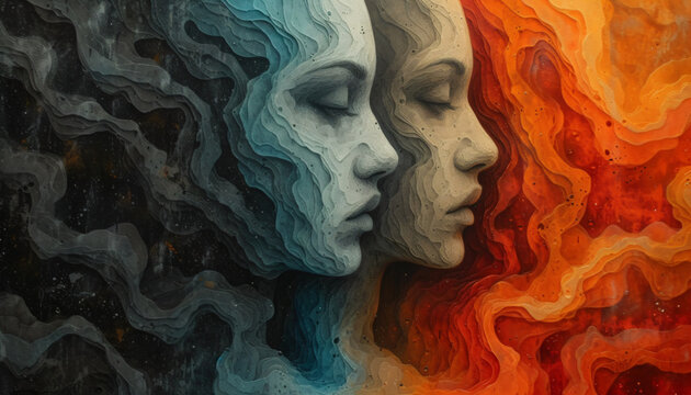 Light vs dark, water vs fire, good, vs bad, duality concept illustration