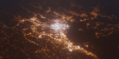 Street lights map of Hiroshima (Japan) with tilt-shift effect, view from west. Imitation of macro shot with blurred background. 3d render, selective focus