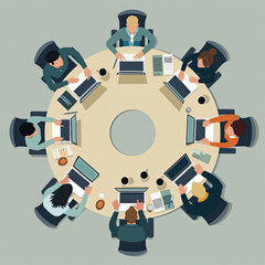 Top-down perspective of a business meeting conducted by an office team around a circular conference table, depicted in a vector illustration