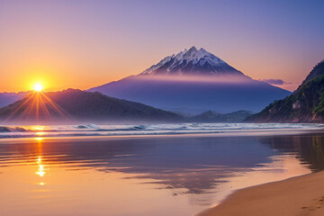 本栖湖の朝、日の出と逆さ富士