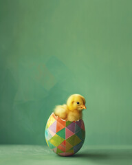Little chicken hatching out from colorful easter egg on a green background. Minimal Easter idea