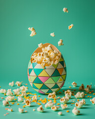 Cracked easter egg  with popcorn popping out, on a  turquoise background. Vibrant playful geometries. Minimal Easter concept