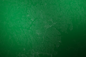 Map of the streets of Kampala (Uganda) made with white lines on abstract green background lit by two lights. Top view. 3d render, illustration