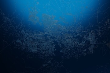 Street map of Kabul (Afghanistan) engraved on blue metal background. View with light coming from top. 3d render, illustration