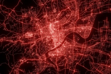 Street map of Hangzhou (China) made with red illumination and glow effect. Top view on roads network. 3d render, illustration - obrazy, fototapety, plakaty