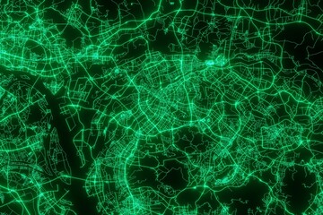 Map of the streets of Dongguan (China) made with green illumination and glow effect. Top view on roads network. 3d render, illustration