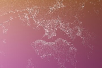 Map of the streets of Hong Kong made with white lines on pinkish red gradient background. Top view. 3d render, illustration