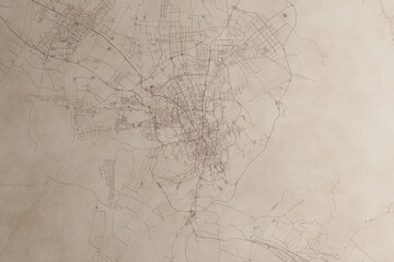 Map of Urumqi (China) on an old vintage sheet of paper. Retro style grunge paper with light coming from right. 3d render