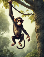 a monkey hanging from a tree
