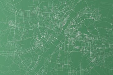 Stylized map of the streets of Wuhan (China) made with white lines on green background. Top view. 3d render, illustration - obrazy, fototapety, plakaty