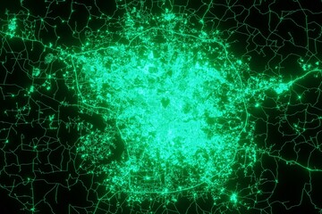 Map of the streets of Hyderabad (India) made with green illumination and glow effect. Top view on roads network. 3d render, illustration