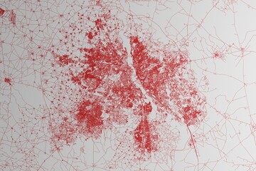 Map of the streets of New Delhi (India) made with red lines on white paper. 3d render, illustration