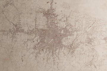 Map of Medan (Indonesia) on an old vintage sheet of paper. Retro style grunge paper with light coming from right. 3d render