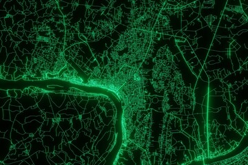 Map of the streets of Vientiane (Laos) made with green illumination and glow effect. Top view on roads network. 3d render, illustration - obrazy, fototapety, plakaty