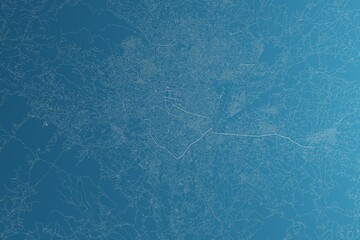 Map of the streets of Kathmandu (Nepal) made with white lines on blue paper. Rough background. 3d render, illustration