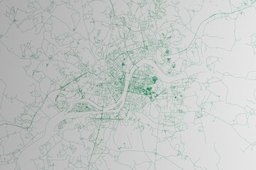 Map of the streets of Pyongyang (North Korea) made with green lines on white paper. 3d render, illustration