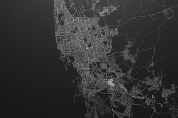 Street map of Jeddah (Saudi Arabia) on black paper with light coming from top