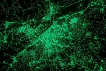 Map of the streets of Damascus (Syria) made with green illumination and glow effect. Top view on roads network. 3d render, illustration - obrazy, fototapety, plakaty