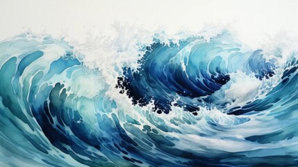 Watercolor sea waves drawing on a white background. Ocean art