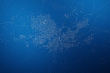 Stylized map of the streets of Adana (Turkey) made with white lines on abstract blue background lit by two lights. Top view. 3d render, illustration - obrazy, fototapety, plakaty