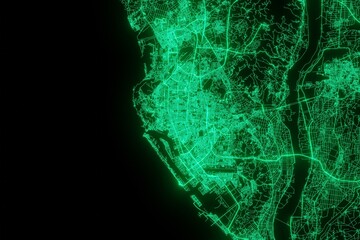 Map of the streets of Kaohsiung (Taiwan) made with green illumination and glow effect. Top view on roads network. 3d render, illustration