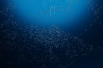 Street map of Haifon (Vietnam) engraved on blue metal background. View with light coming from top. 3d render, illustration - obrazy, fototapety, plakaty