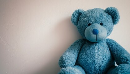 A close-up shot of a blue teddy bear seated against a clean white wall, its charming gaze and soft hues creating a serene and captivating image