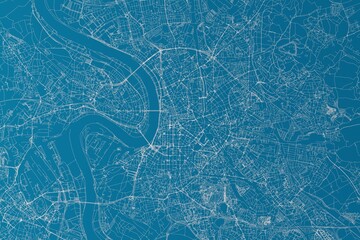 Map of the streets of Dusseldorf (Germany) made with white lines on blue background. 3d render, illustration - obrazy, fototapety, plakaty