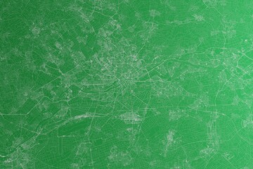 Map of the streets of Frankfurt (Germany) made with white lines on green paper. Rough background. 3d render, illustration