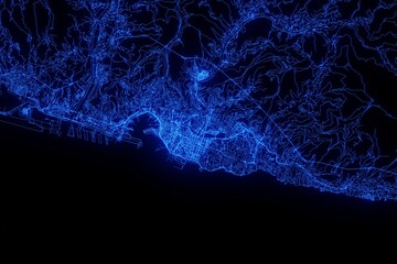 Street map of Genoa (Italy) made with blue illumination and glow effect. Top view on roads network - obrazy, fototapety, plakaty