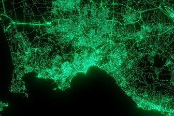 Map of the streets of Naples (Italy) made with green illumination and glow effect. Top view on roads network. 3d render, illustration