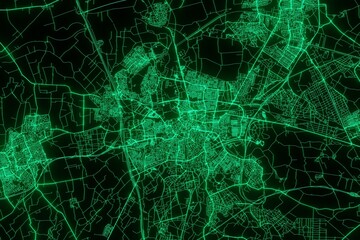 Map of the streets of Breda (Netherlands) made with green illumination and glow effect. Top view on roads network. 3d render, illustration