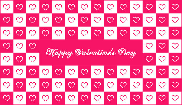 Valentines day checkered pattern background with pixel art hearts and cursive type typography of Happy Valentines Day text. Outline, Vector illustration, in black and white, red, hot pink, pastel