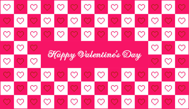 Valentines day checkered pattern background with pixel art hearts and cursive type typography of Happy Valentines Day text. Outline, Vector illustration, in black and white, red, hot pink, pastel