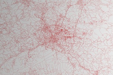 Map of the streets of Ljubljana (Slovenia) made with red lines on white paper. 3d render, illustration