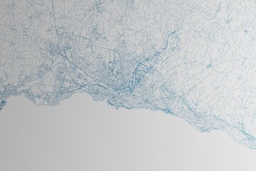 Map of the streets of Lausanne (Switzerland) made with blue lines on white paper. 3d render, illustration