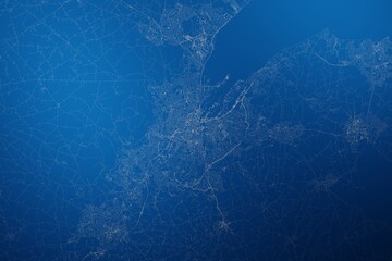 Stylized map of the streets of Belfast (UK) made with white lines on abstract blue background lit by two lights. Top view. 3d render, illustration - obrazy, fototapety, plakaty