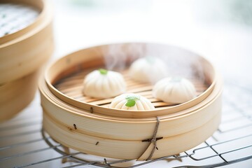 steamed buns in a bamboo steamer - obrazy, fototapety, plakaty