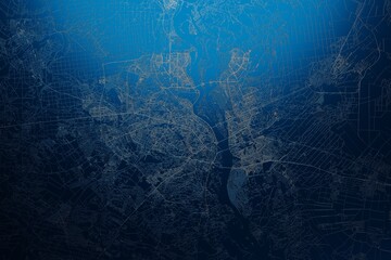 Street map of Kyiv (Ukraine) engraved on blue metal background. View with light coming from top. 3d render, illustration - obrazy, fototapety, plakaty
